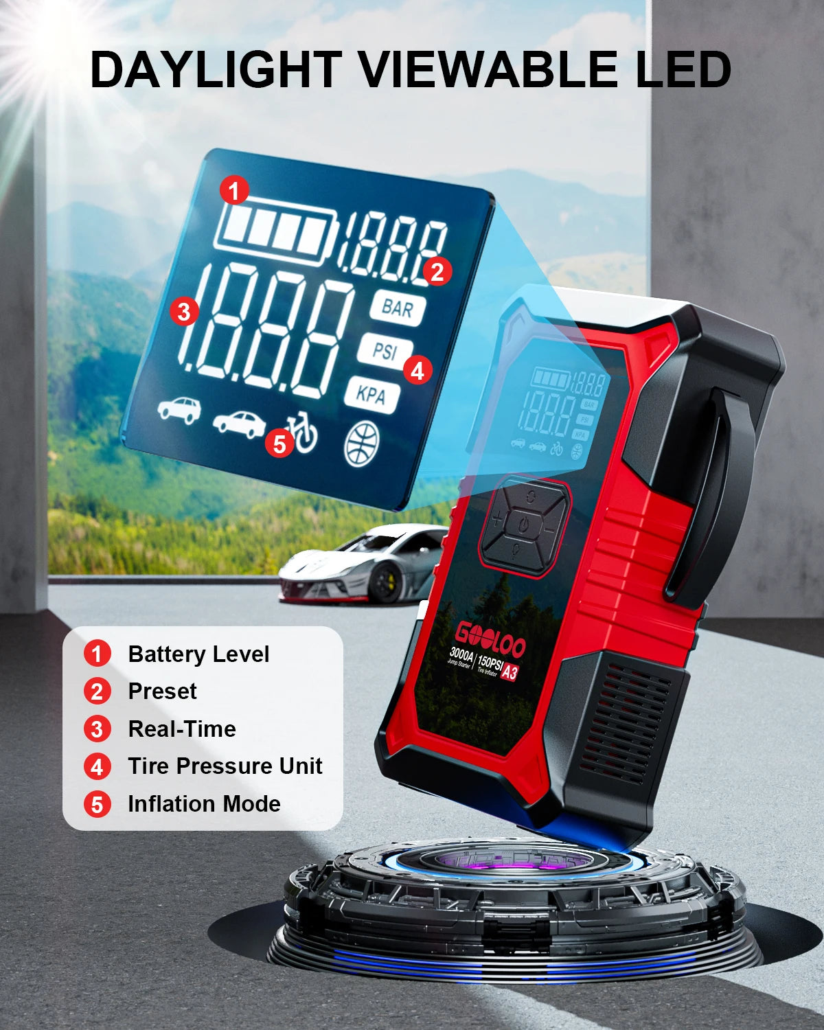 Gooloo A3 Jump Starter With Air Compressor Portable Car Booster