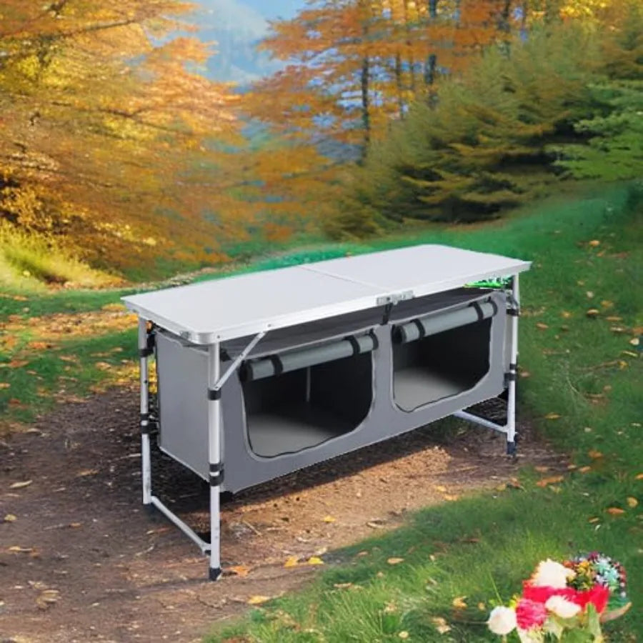 Folding Stainless Steel Camping Table With Storage and Adjustable Height