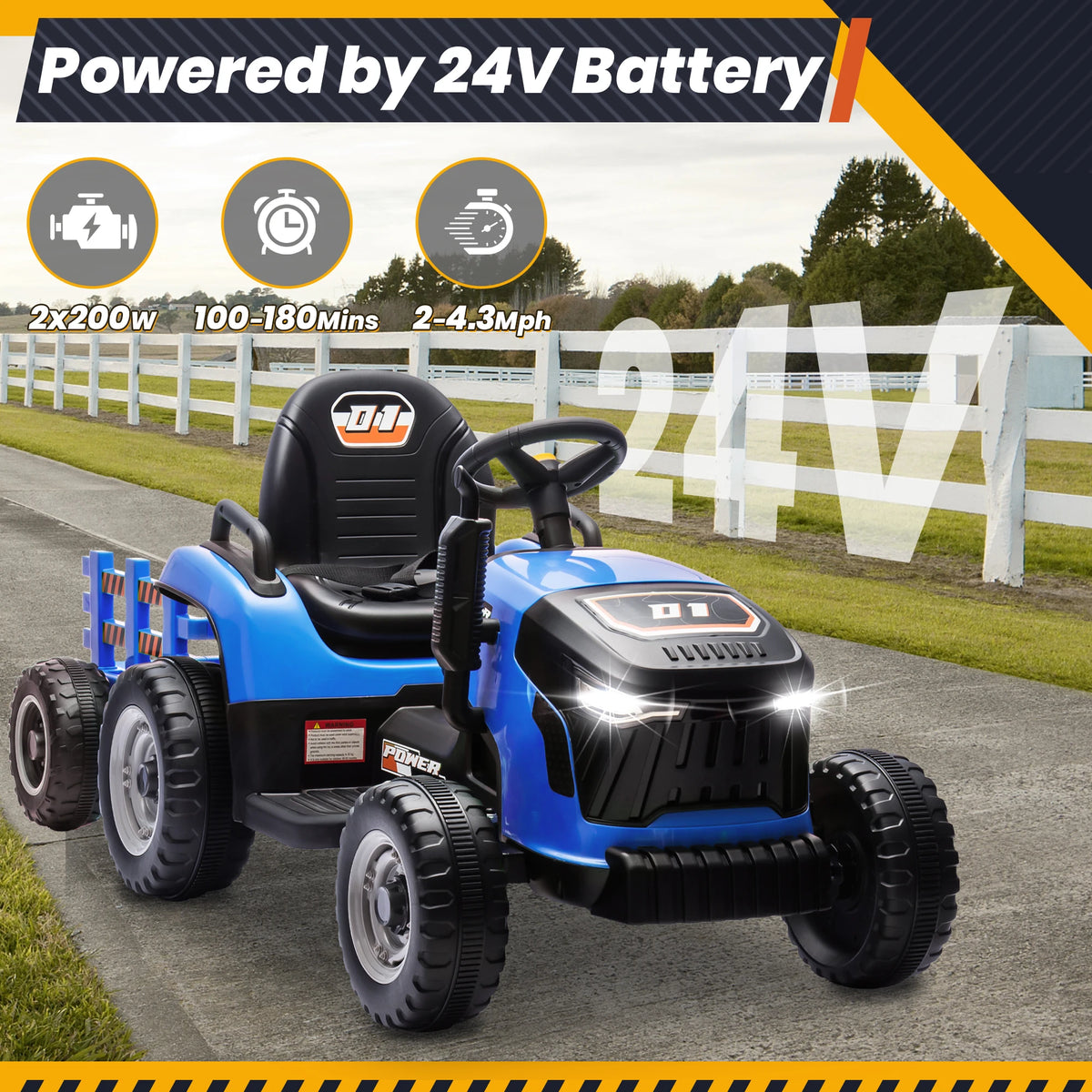 Joyracer 24V Ride On Tractor For Kids With Detachable Trailer