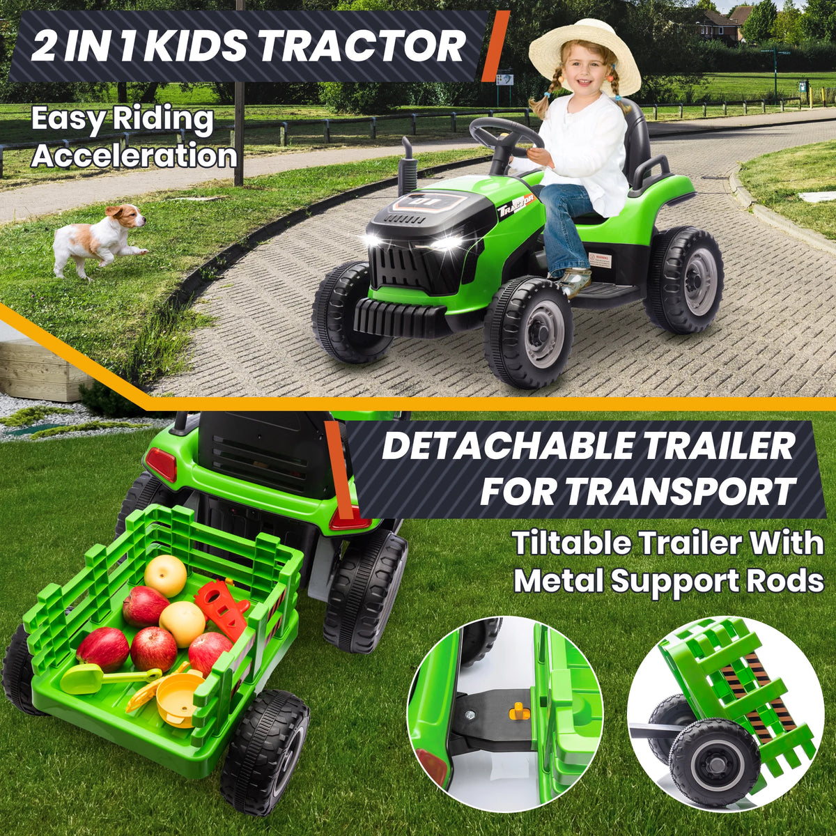 Joyracer 24V Ride On Tractor For Kids With Detachable Trailer