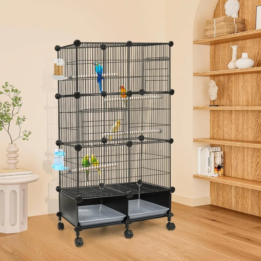 Stainless Steel Bird Cage For Parakeets With Wheels And Tray