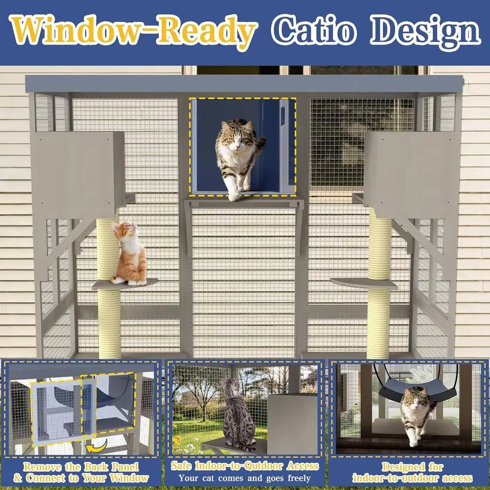 Outdoor Walk In Cat Enclosure With Seven Platforms And Hammock