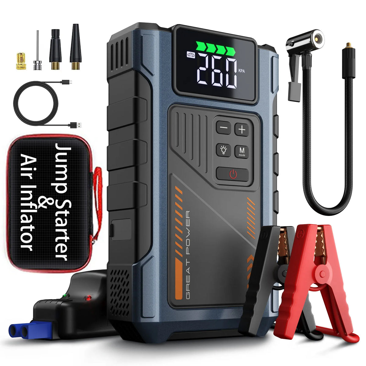 Geeneu Portable Car Jump Starter With 3000A Peak Air Compressor