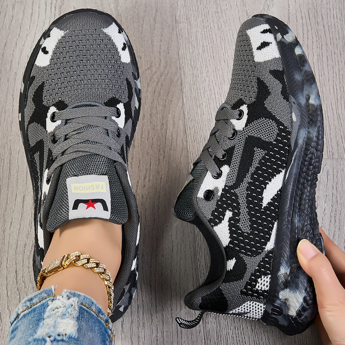 Women Knit Sneakers Breathable Mesh Lace Up Casual Walking Shoes