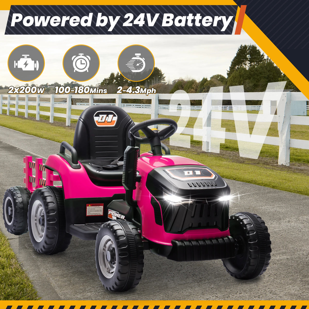 Joyracer 24V Ride On Tractor For Kids With Detachable Trailer