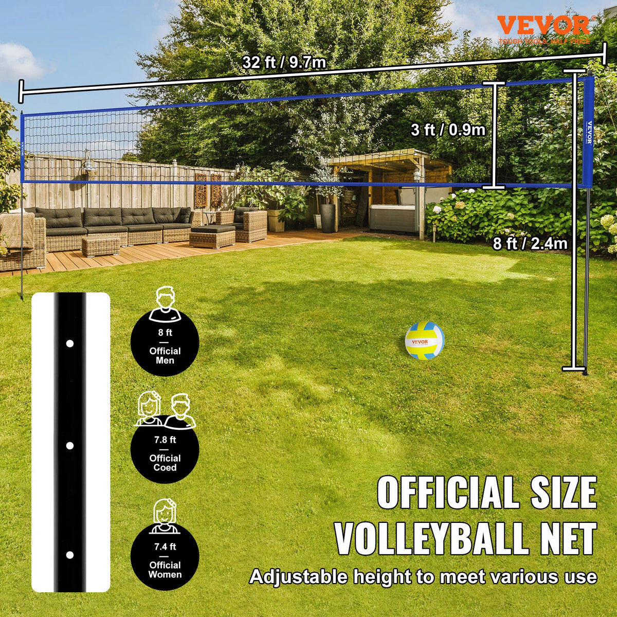 Adjustable Height Portable Outdoor Volleyball Net System With Steel Poles