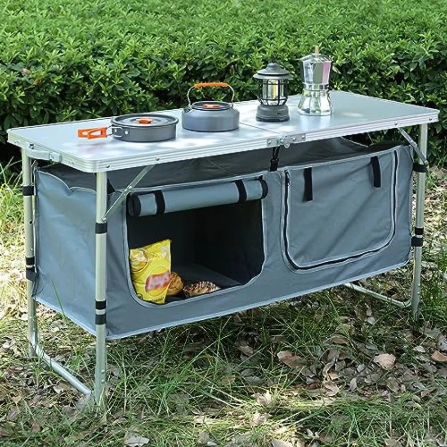 Folding Stainless Steel Camping Table With Storage and Adjustable Height
