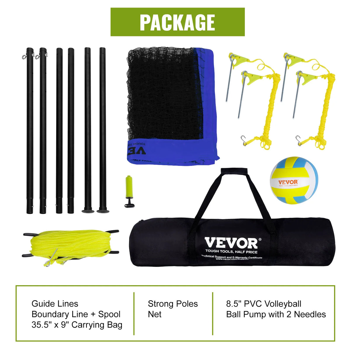 Adjustable Height Portable Outdoor Volleyball Net System With Steel Poles