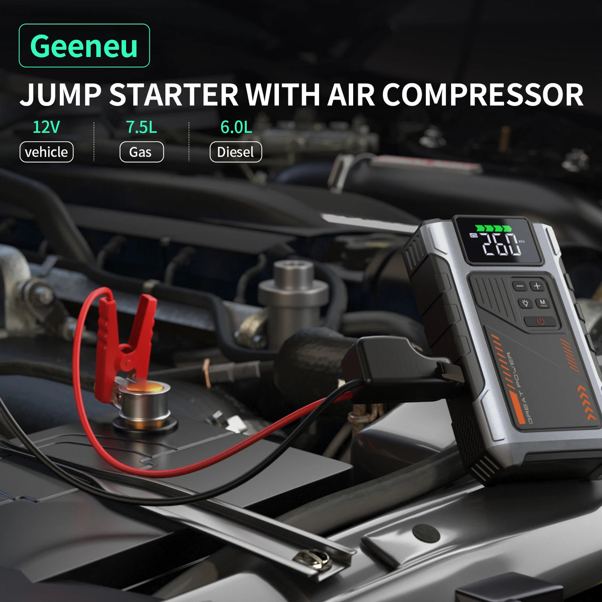 Geeneu Portable Car Jump Starter With 3000A Peak Air Compressor