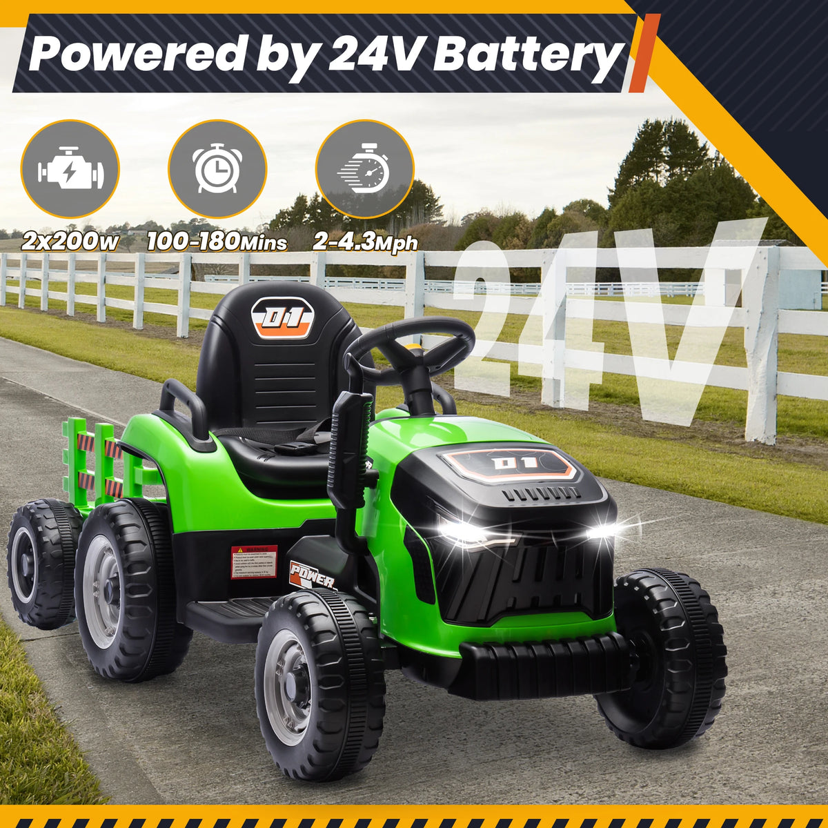 Joyracer 24V Ride On Tractor For Kids With Detachable Trailer