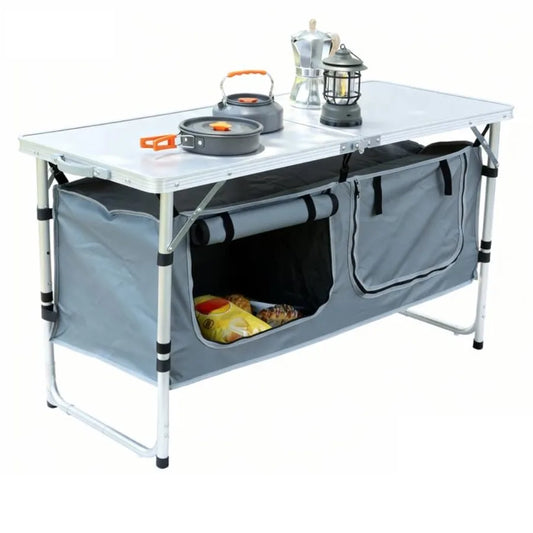 Folding Stainless Steel Camping Table With Storage and Adjustable Height