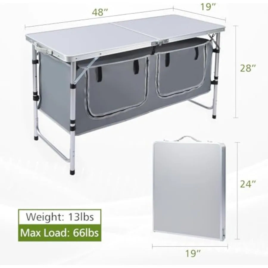 Folding Stainless Steel Camping Table With Storage and Adjustable Height