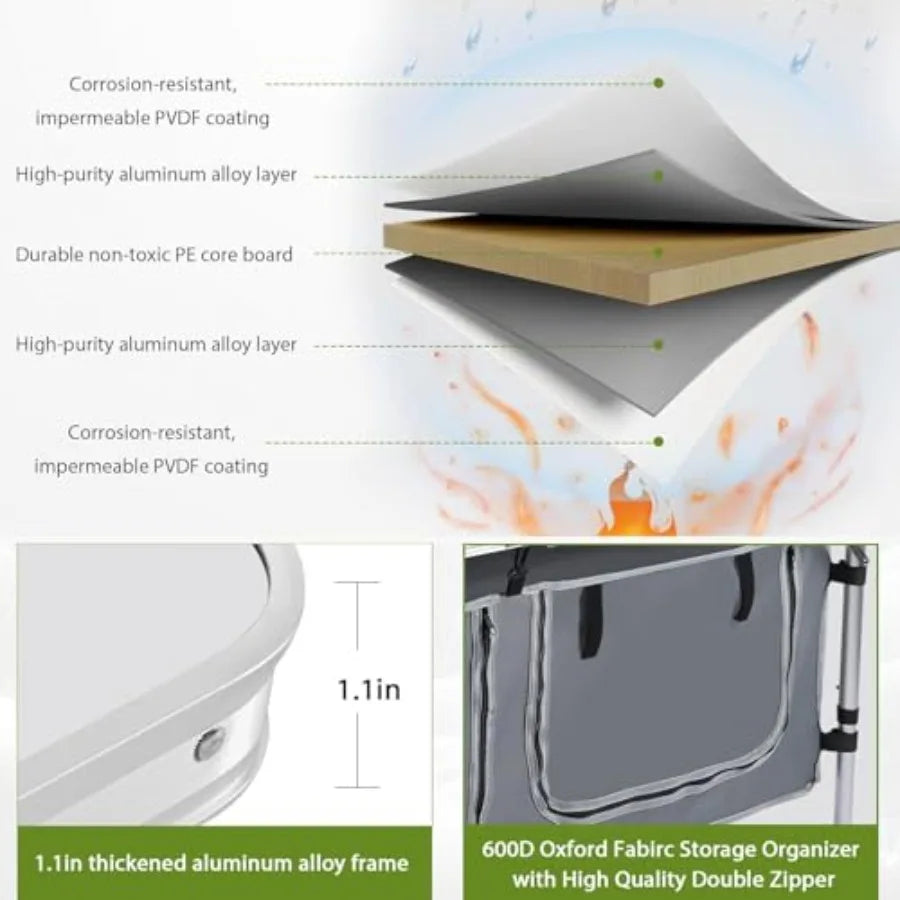 Folding Stainless Steel Camping Table With Storage and Adjustable Height
