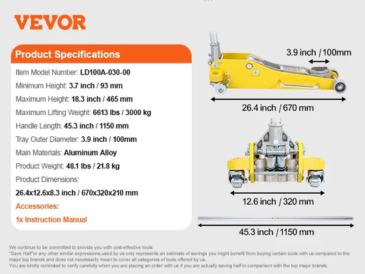 SucceBuy Aluminum Hydraulic Floor Jack With Dual Piston Quick Lift