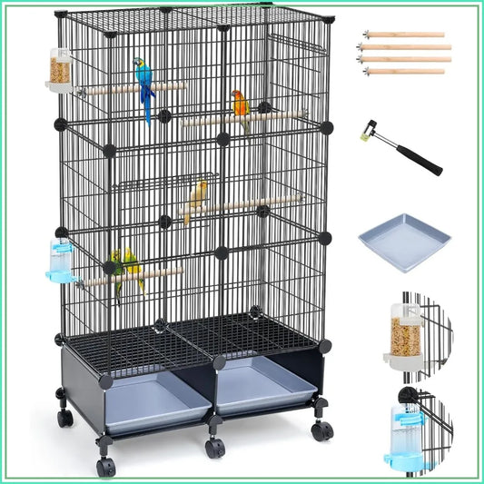 Stainless Steel Bird Cage For Parakeets With Wheels And Tray