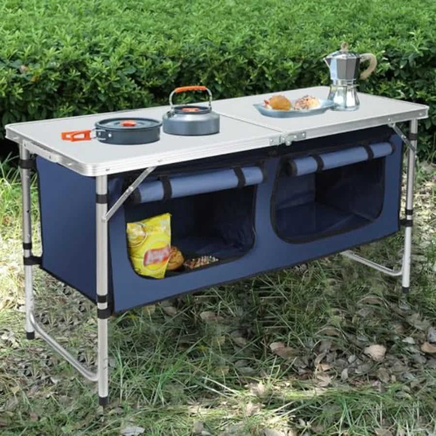 Folding Stainless Steel Camping Table With Storage and Adjustable Height