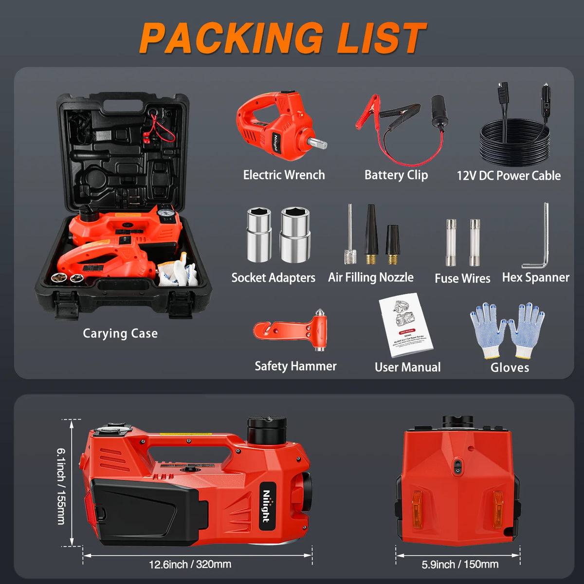 Nilight Electric Car Jack Kit With Impact Wrench And Tire Inflator