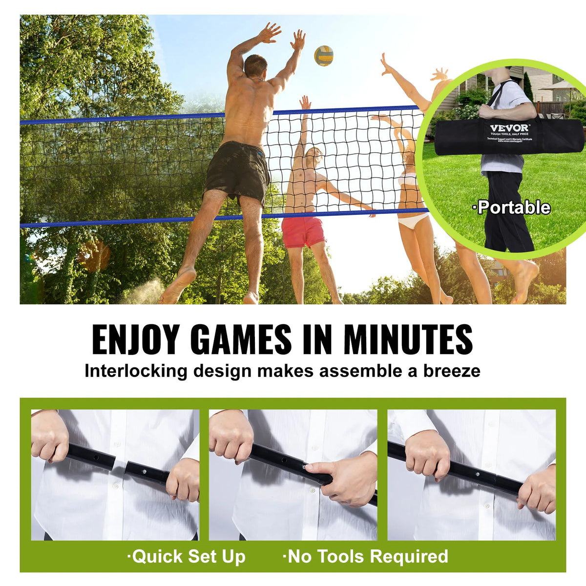 Adjustable Height Outdoor Volleyball Net System With Steel Poles