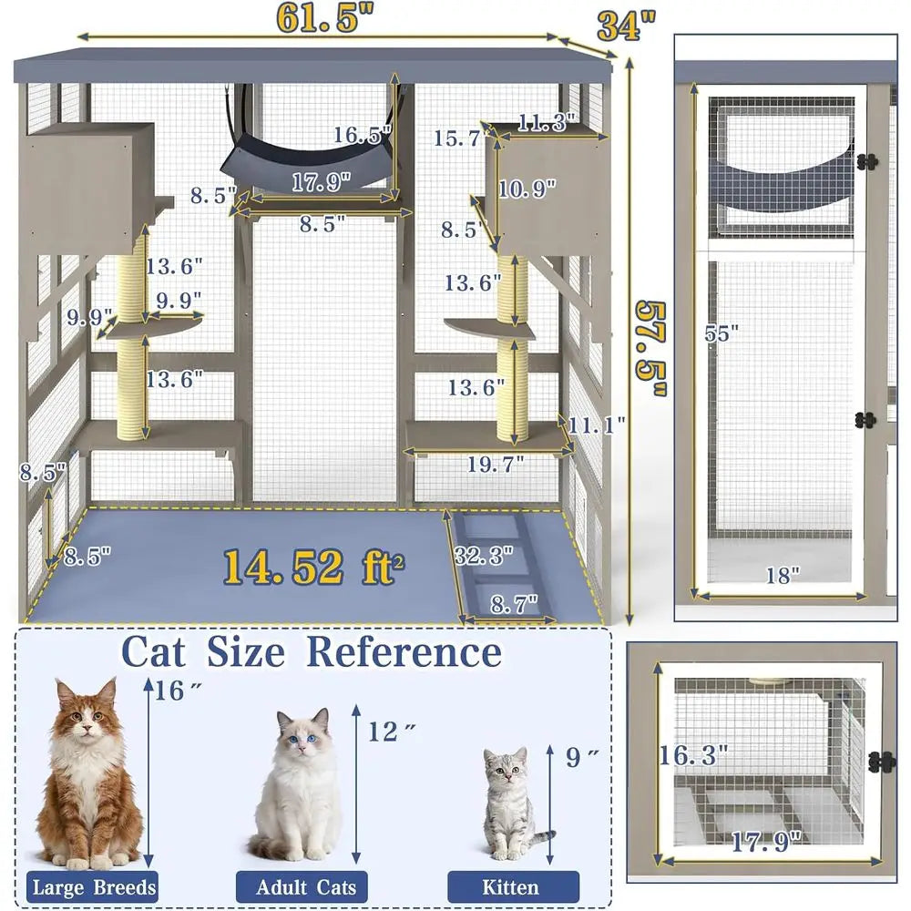 Outdoor Walk In Cat Enclosure With Seven Platforms And Hammock