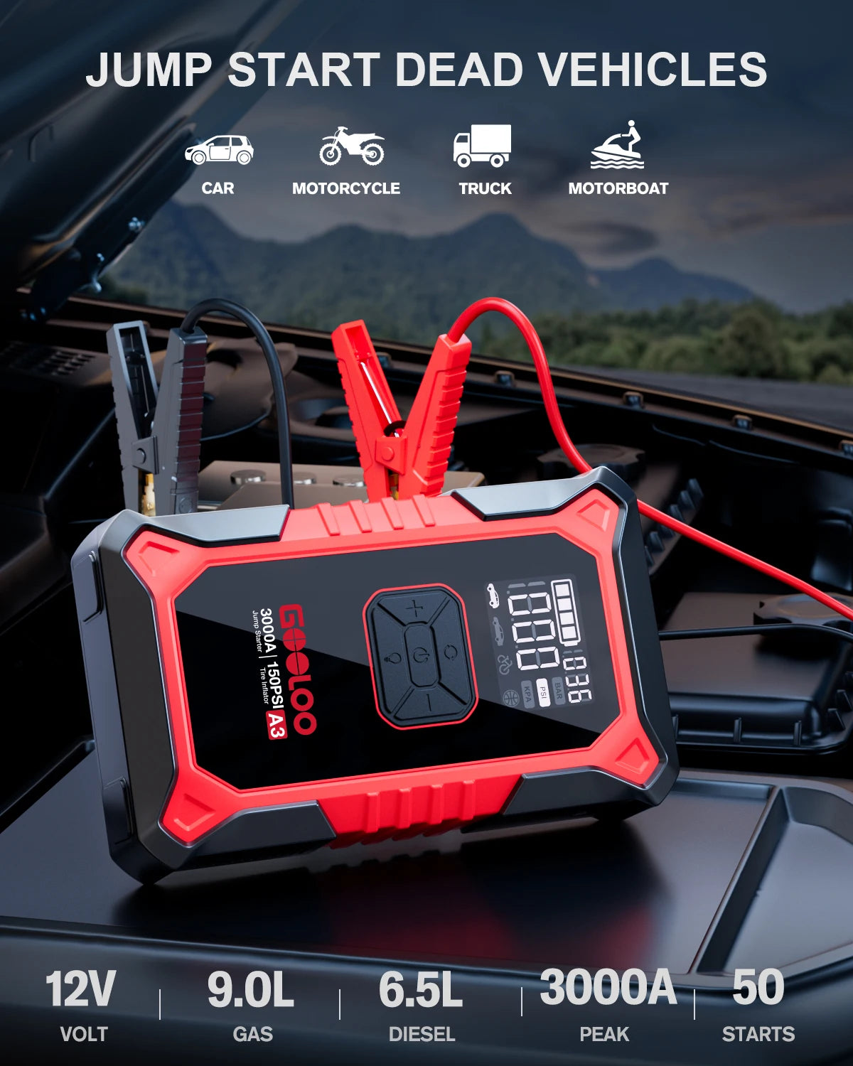 Gooloo A3 Jump Starter With Air Compressor Portable Car Booster