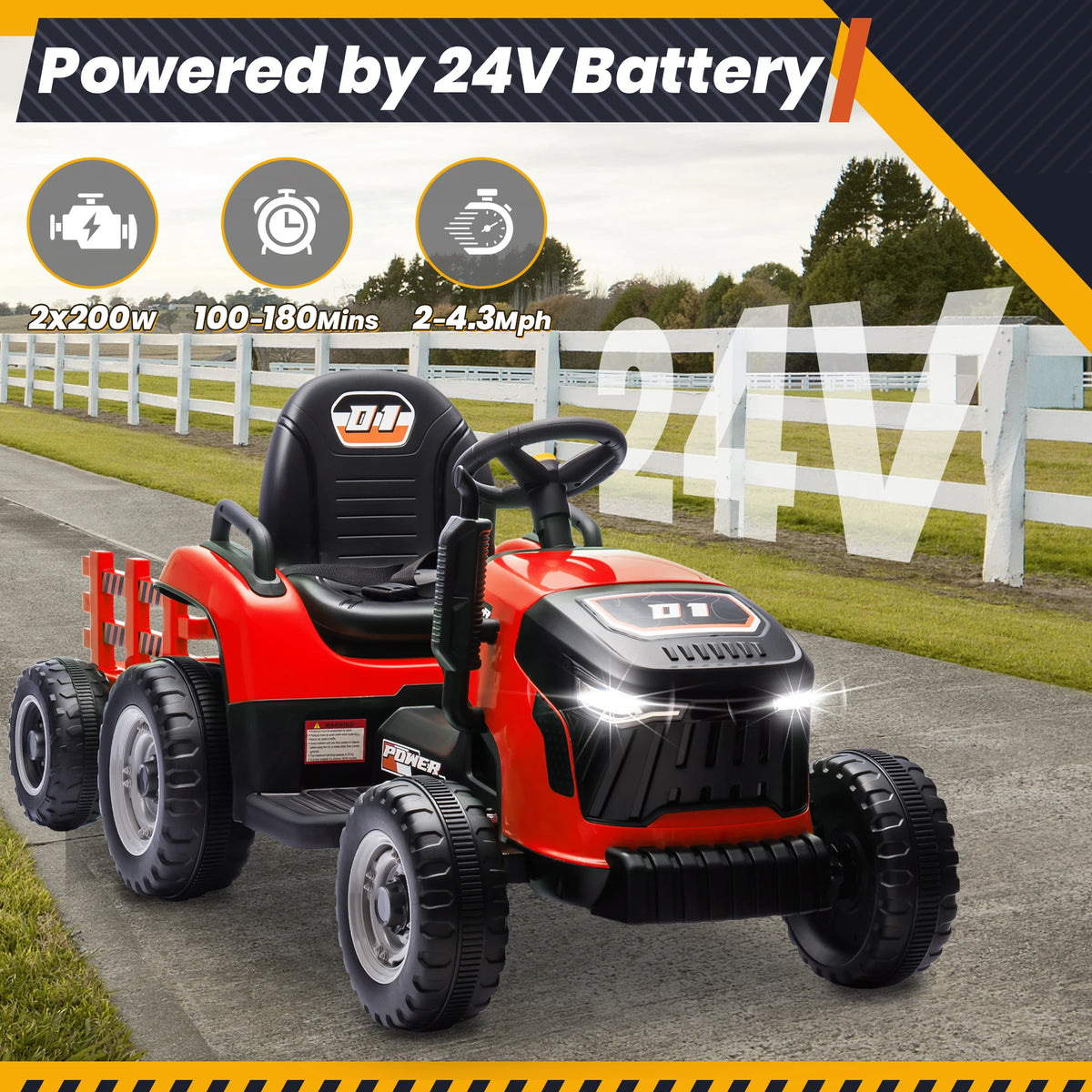 Joyracer 24V Ride On Tractor For Kids With Detachable Trailer