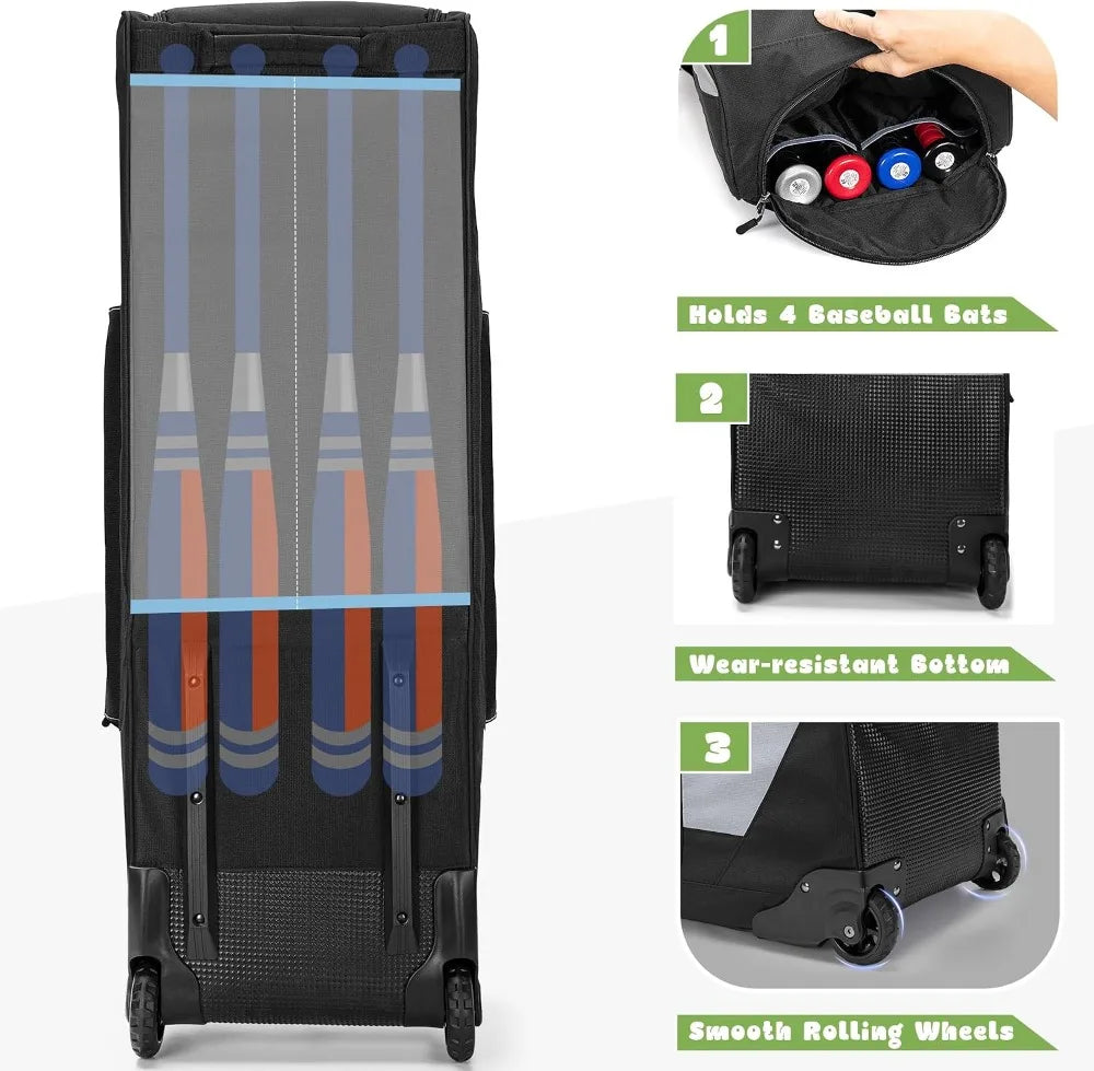 Rolling Baseball Softball Duffle Bag With Shoe And Gear Pockets