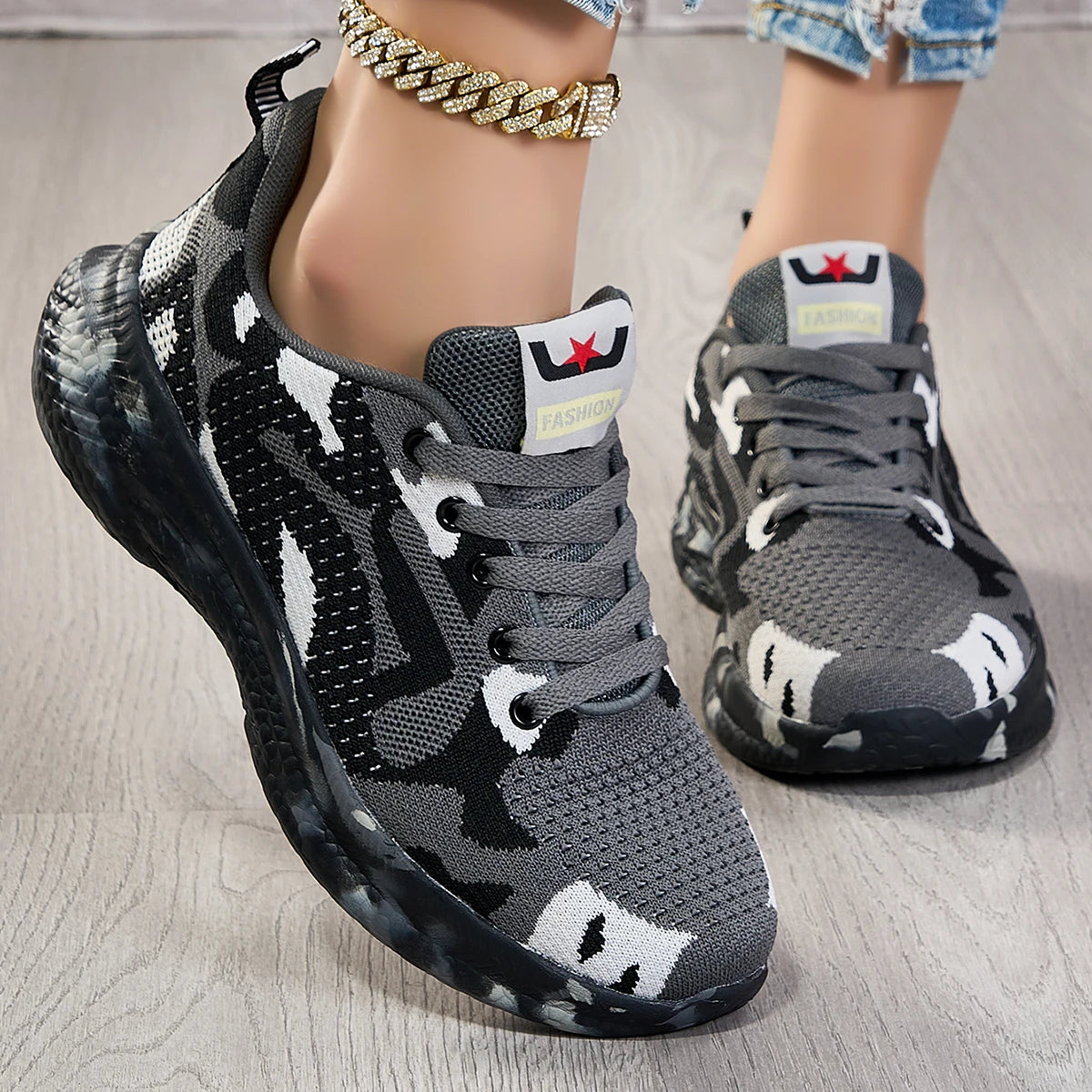 Women Knit Sneakers Breathable Mesh Lace Up Casual Walking Shoes