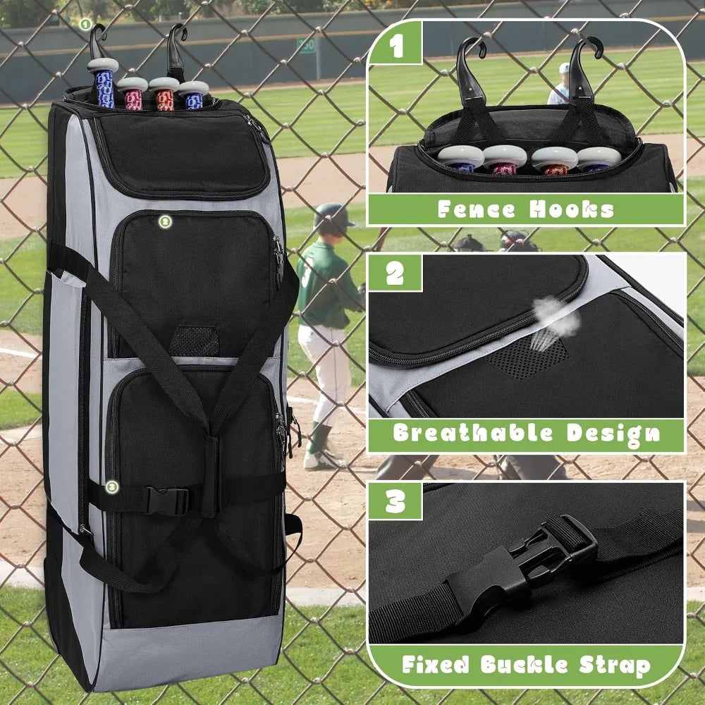 Rolling Baseball Softball Duffle Bag With Shoe And Gear Pockets