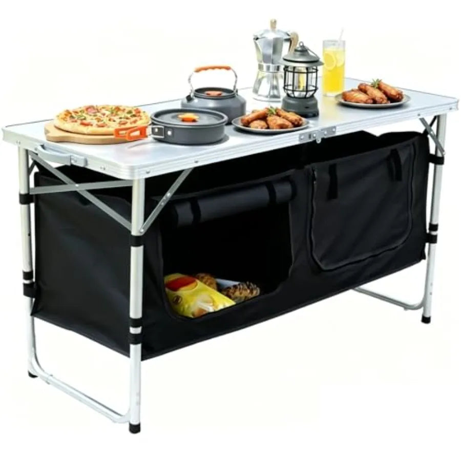 Folding Stainless Steel Camping Table With Storage and Adjustable Height