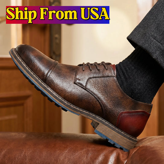 Hecrafted Men Leather Oxford Casual Derby Cap Toe Shoes
