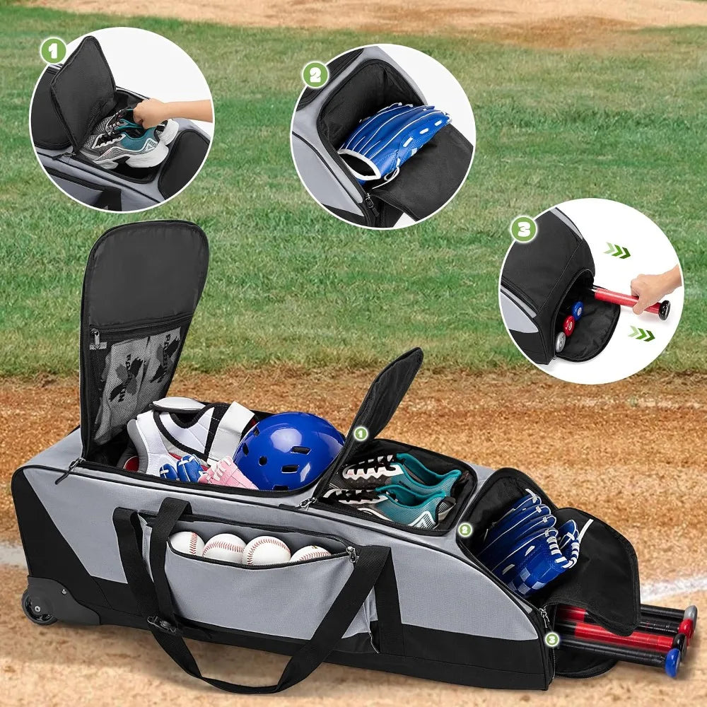 Rolling Baseball Softball Duffle Bag With Shoe And Gear Pockets