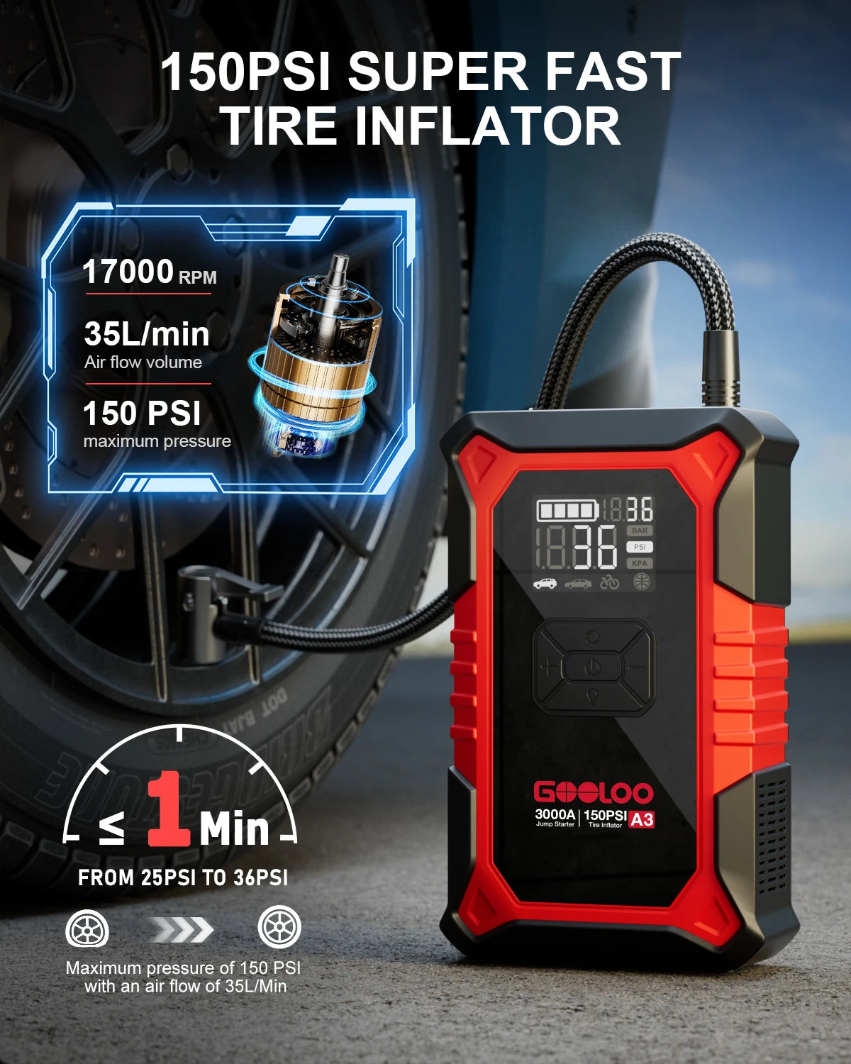 Gooloo A3 Jump Starter With Air Compressor Portable Car Booster