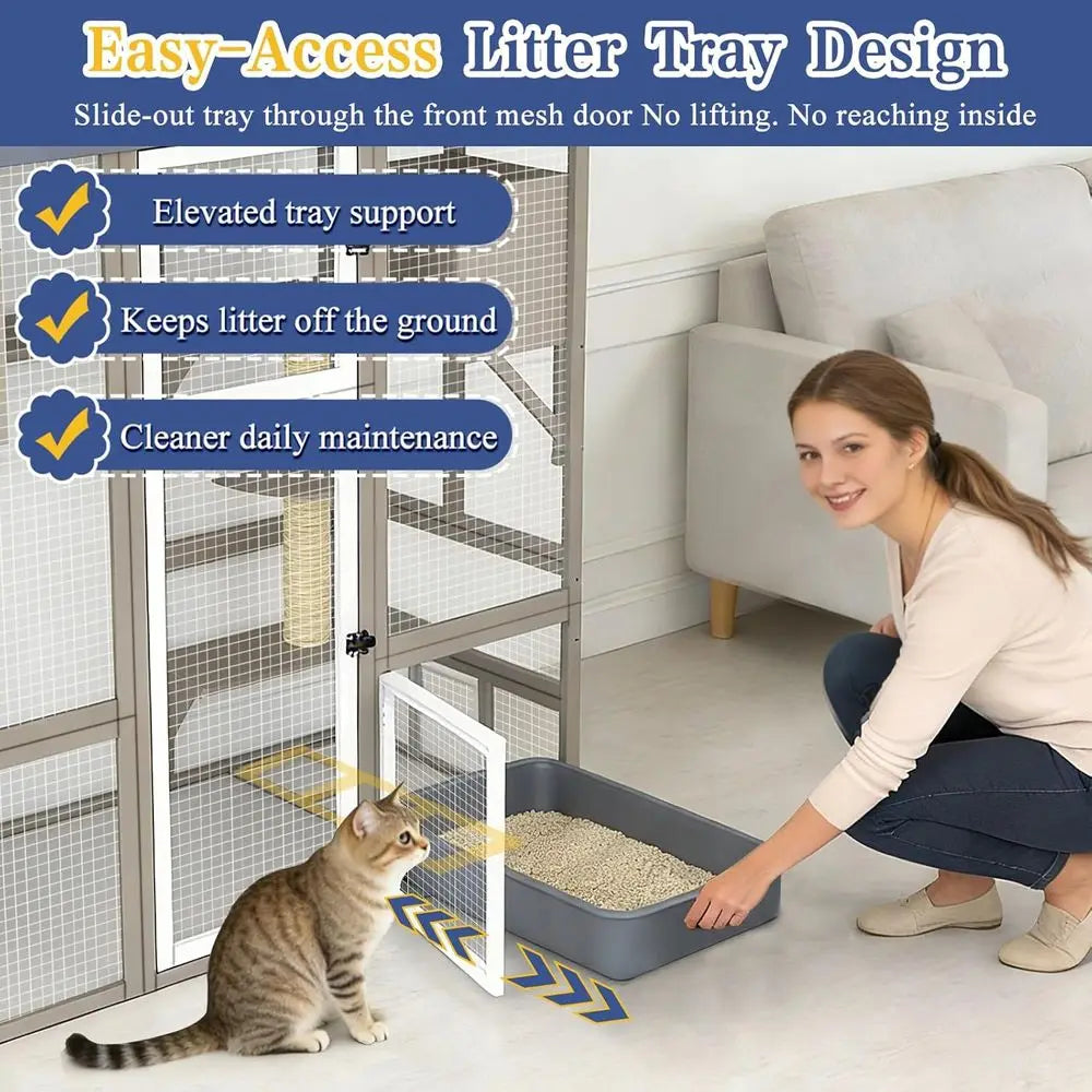 Outdoor Walk In Cat Enclosure With Seven Platforms And Hammock